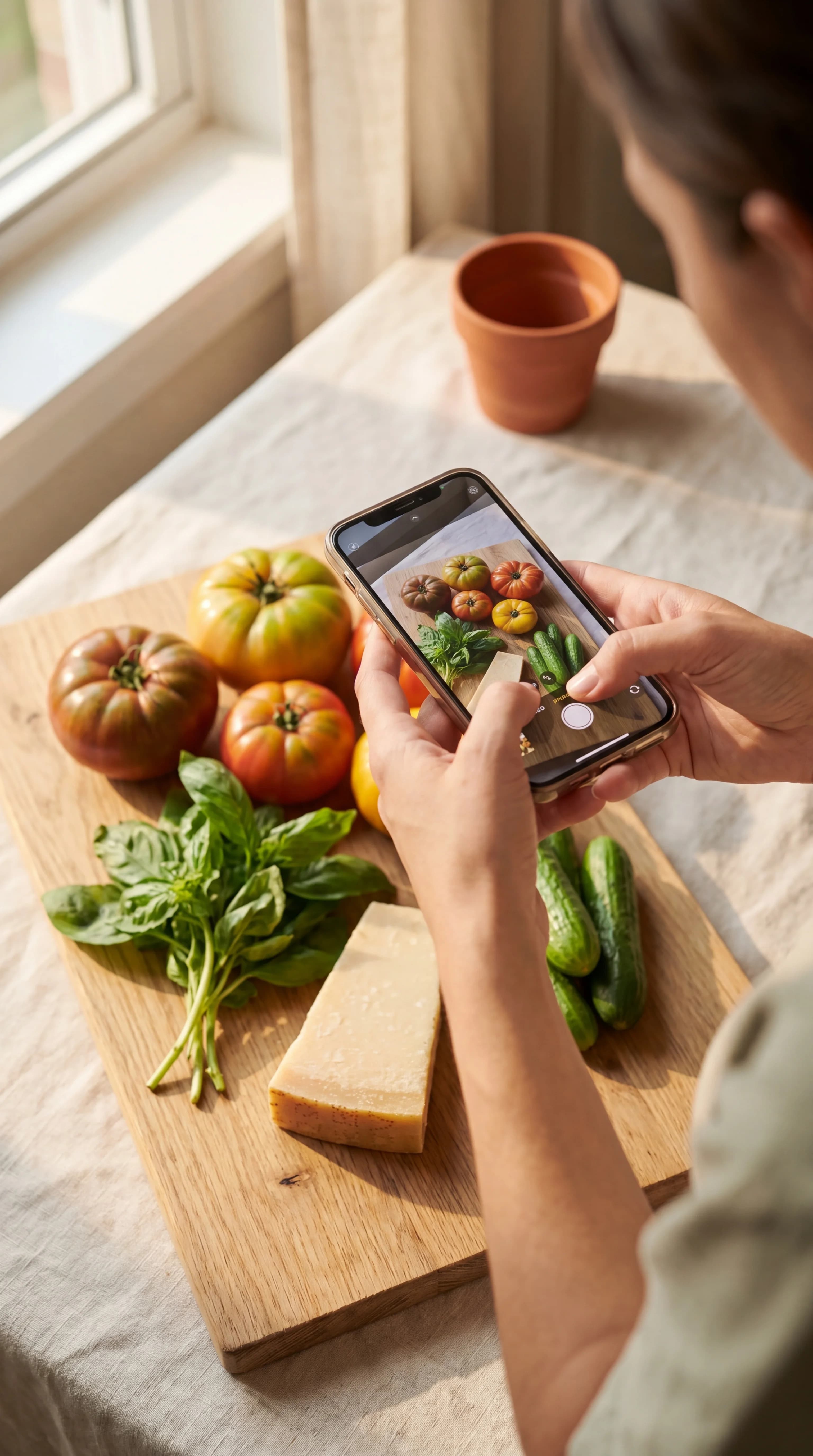 Hands holding a phone, photographing tomatoes, cheese and basil on a wooden cutting board