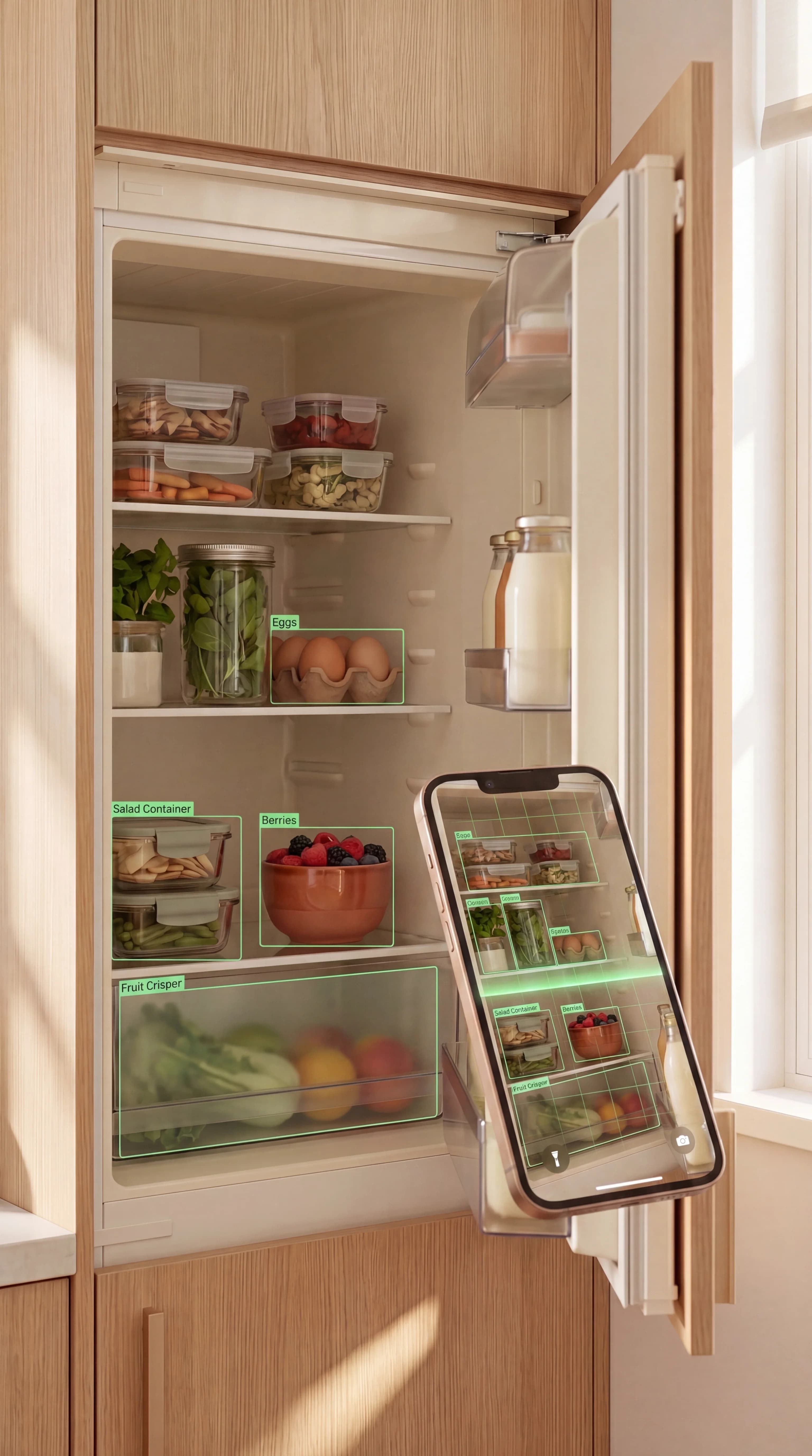 An open fridge with each food container outlined and tagged by AI on the phone in front of it